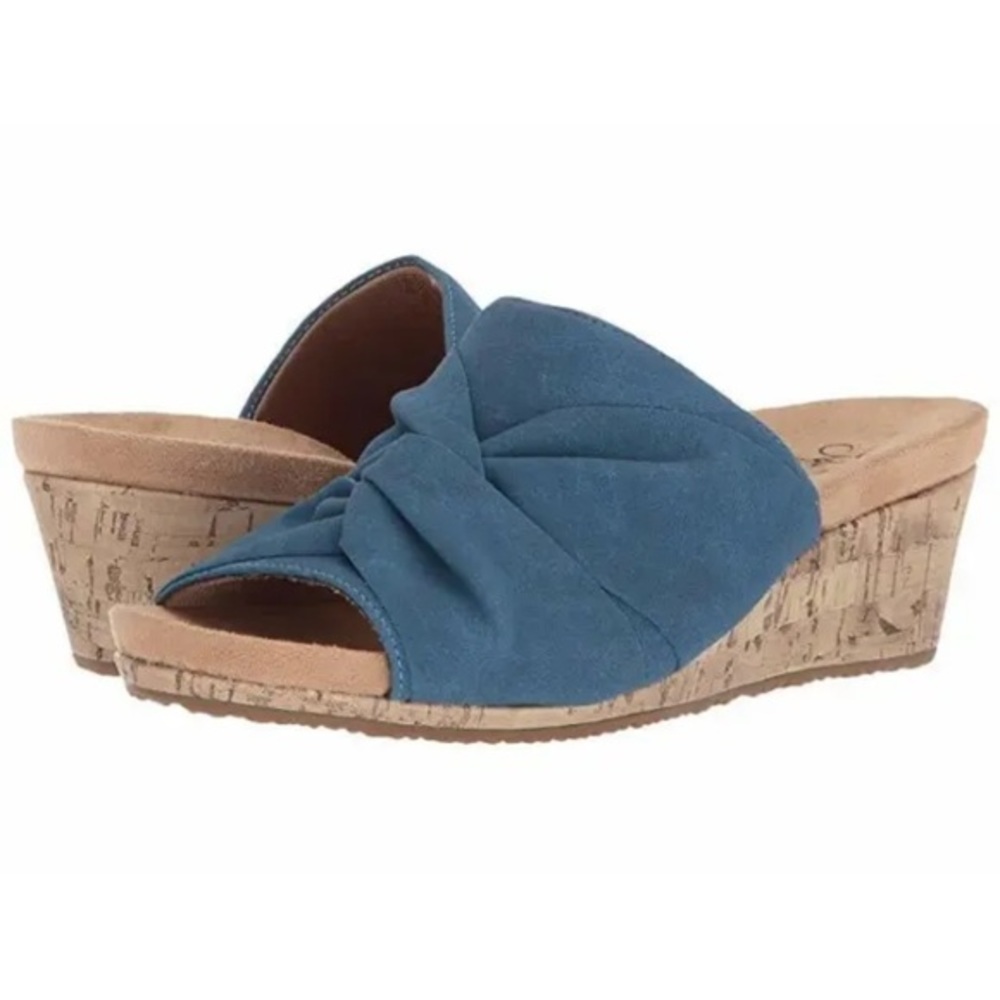LIFE STRIDE Women's Mallory Slide Cork Wedge Sandal Shoe Blue Suede 8.5W